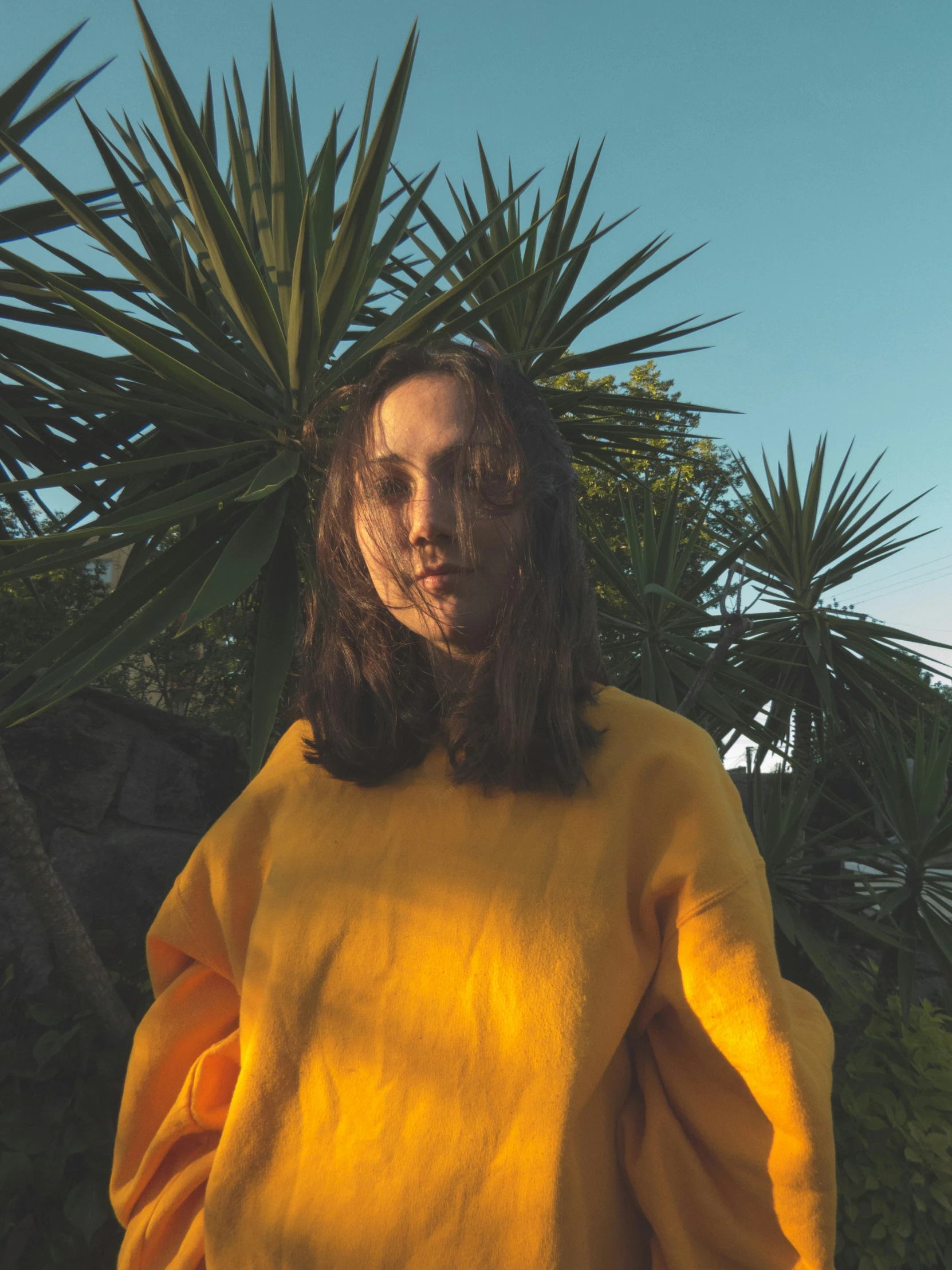 woman wearing yellow shirt standing by a palm tree