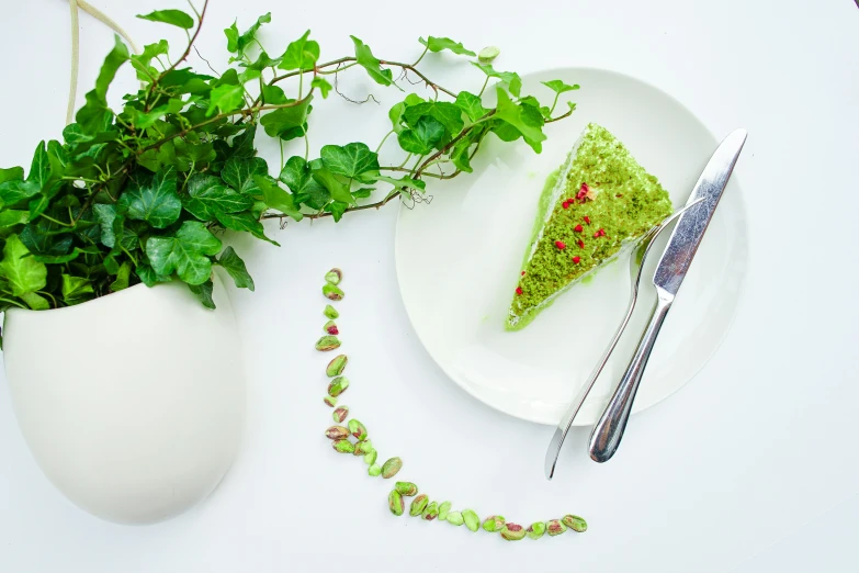 a plate with some green food next to a plant and fork