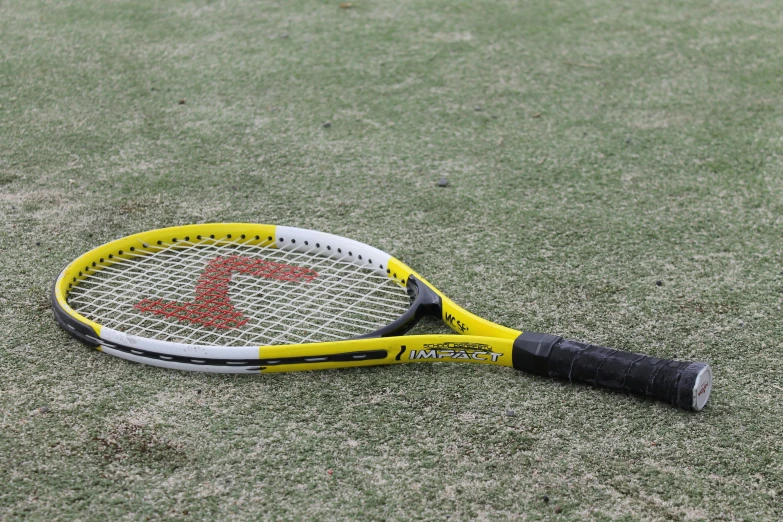 a yellow tennis racket lies on the grass