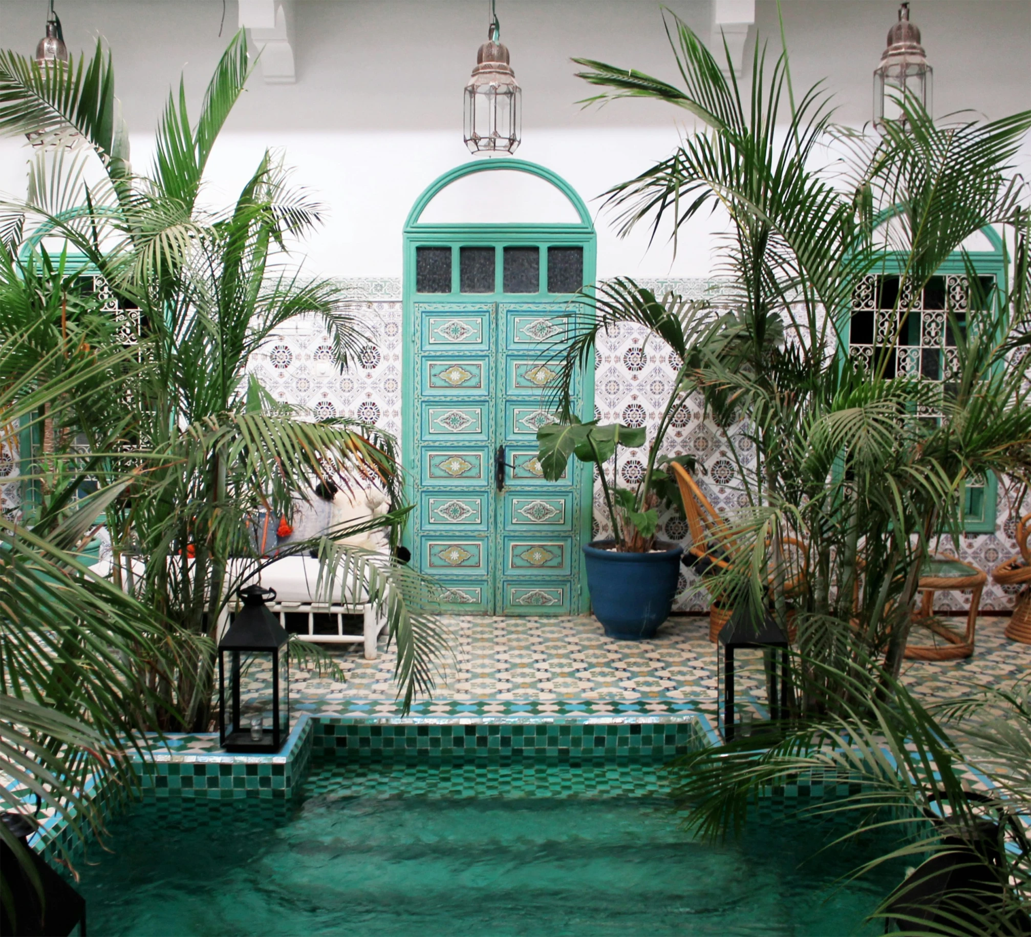 a blue door surrounded by plants with a tiled patio