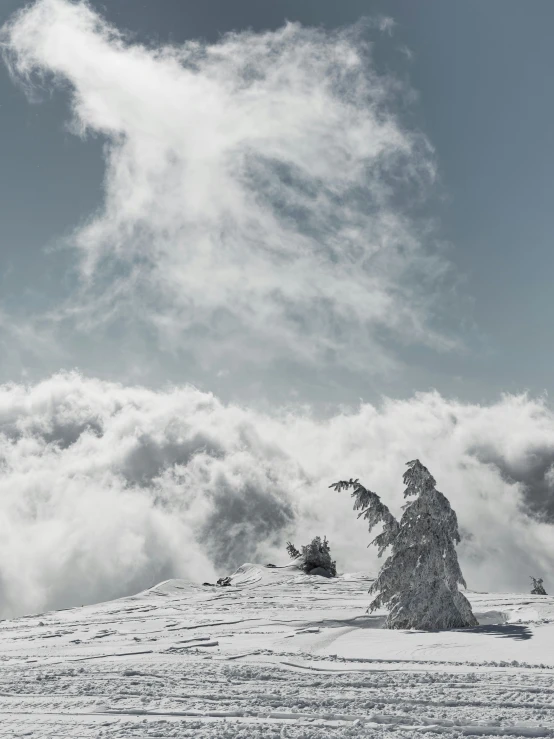 two people standing on a snowy hill overlooking the clouds