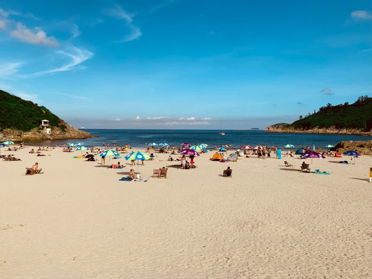 a group of people sitting at the beach