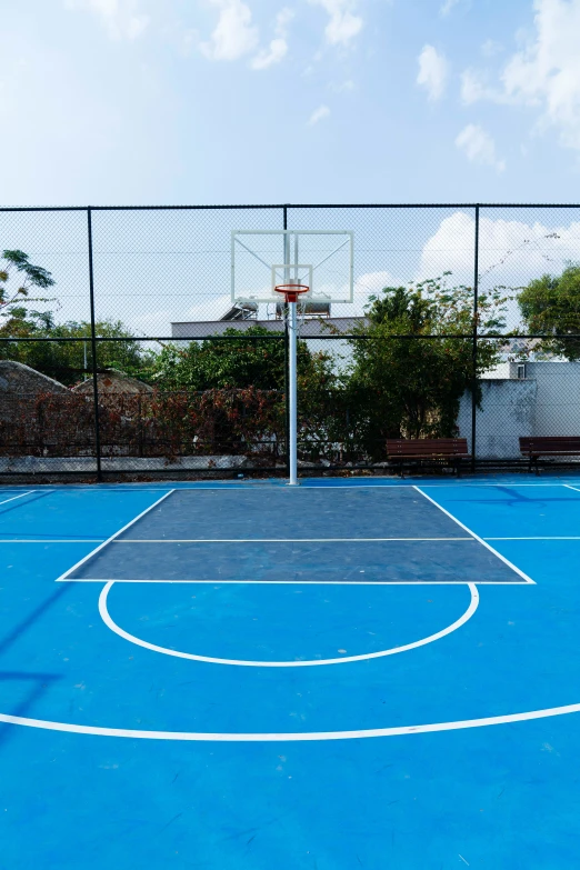 a basketball court surrounded by trees, fences and shrubs