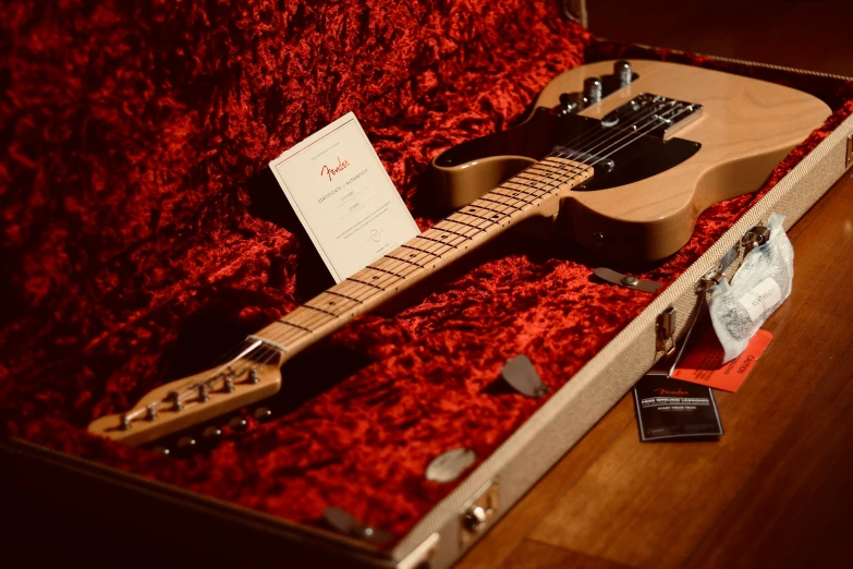 a guitar in a case is on display