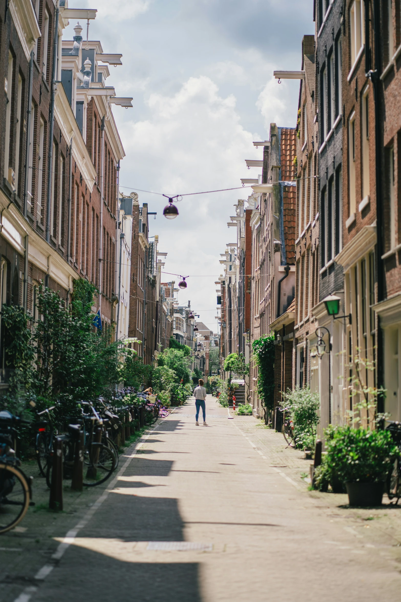 a street that is lined with houses and bicycles