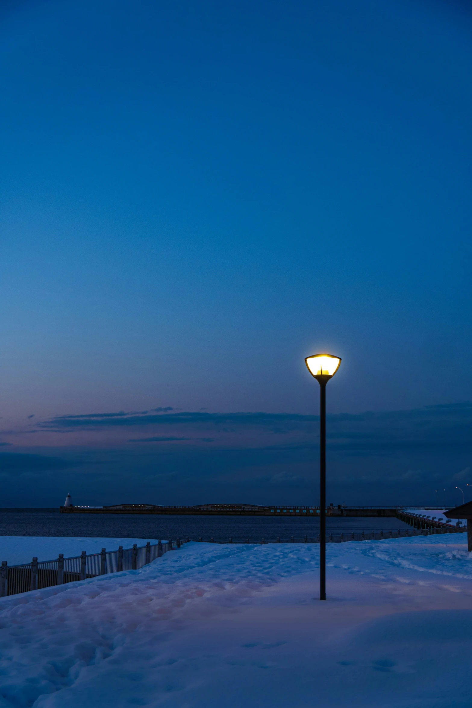 a street light next to a snowy field at night