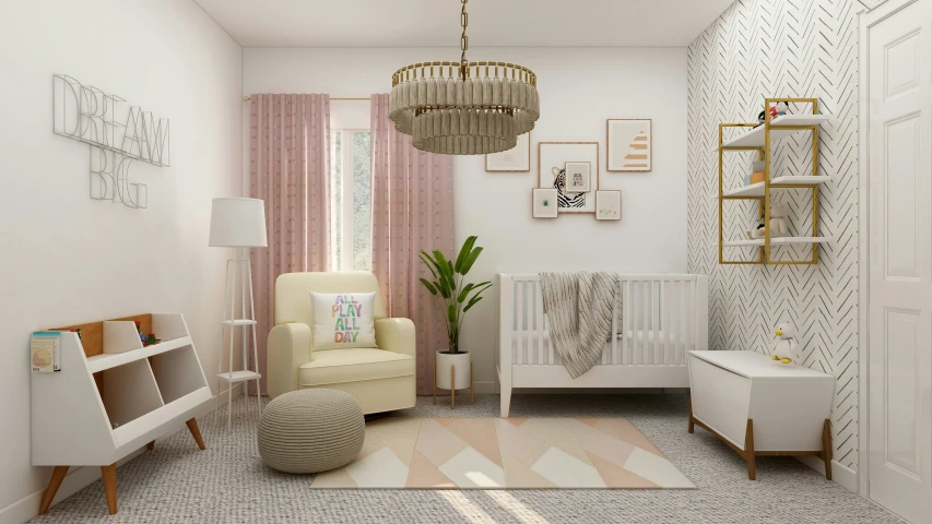 a white room with pink curtains, gold trim and a pink ds and hanging chandelier over the crib