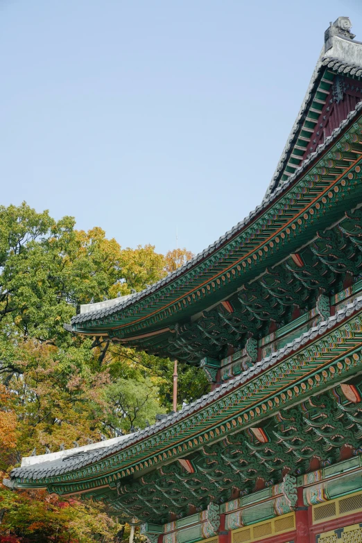 an asian style building is shown on a sunny day