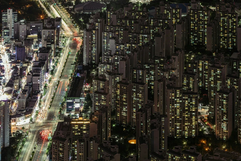 a city is shown at night time in the usa