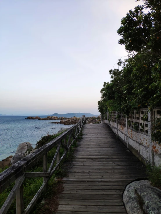 a wooden ramp leading to the water along a path