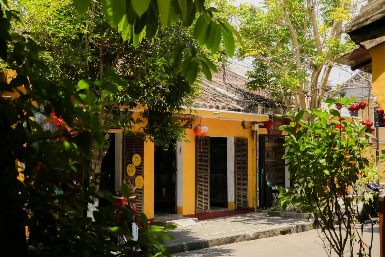 an alley in the country side of town, with several open windows