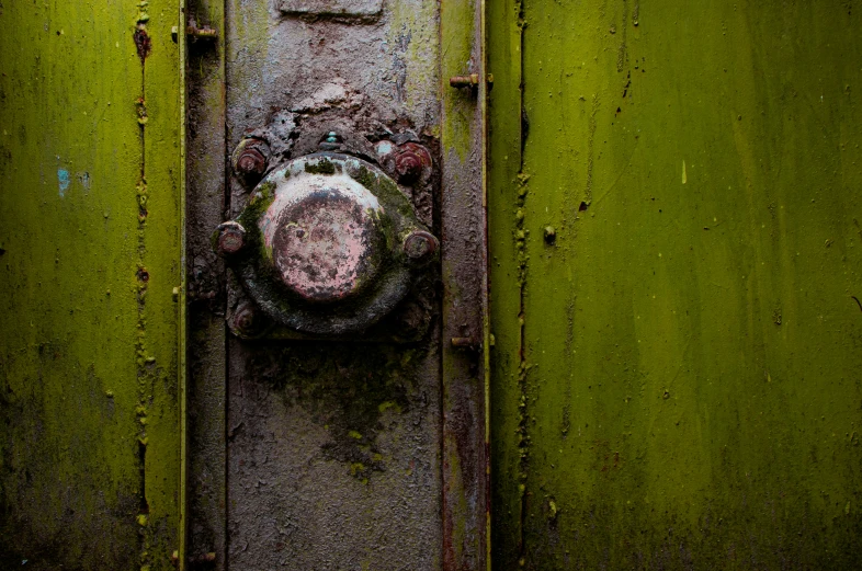 an old door  is rusted and covered in green paint