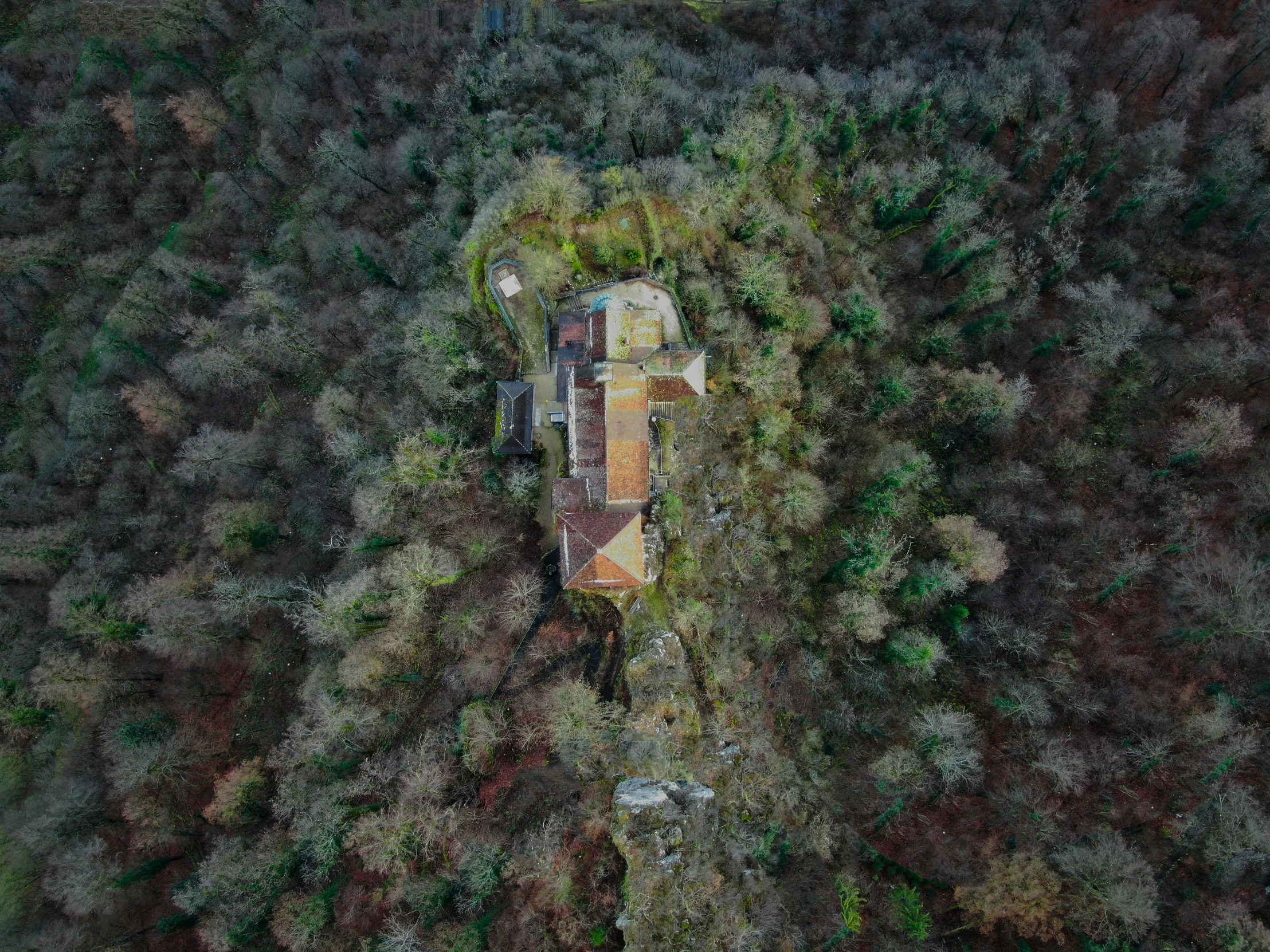 an aerial view of a house amongst the trees