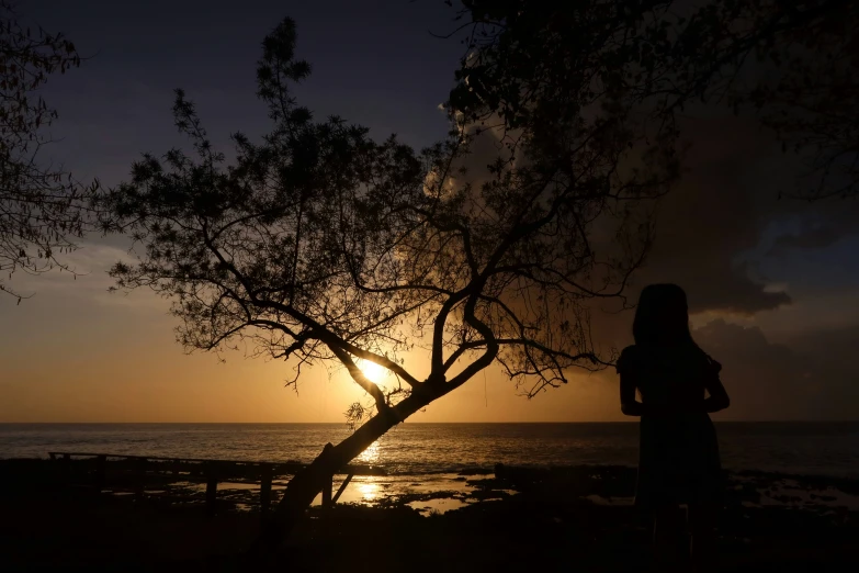 a woman in the sunset near a body of water