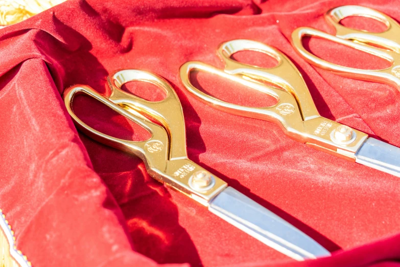 three pairs of gold scissors sit in an open case