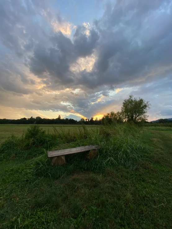 a wooden bench sits in an open field during sunset