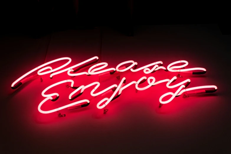 red neon sign reading'please everybody'on black background