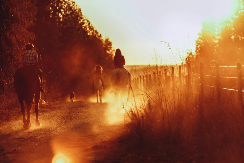 three people on horses are walking down the road at sunset