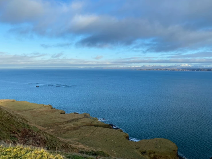 view of a grassy hillside with a body of water in the distance