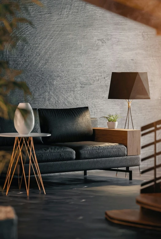 a dark couch with a table, lamp and decorative lamp