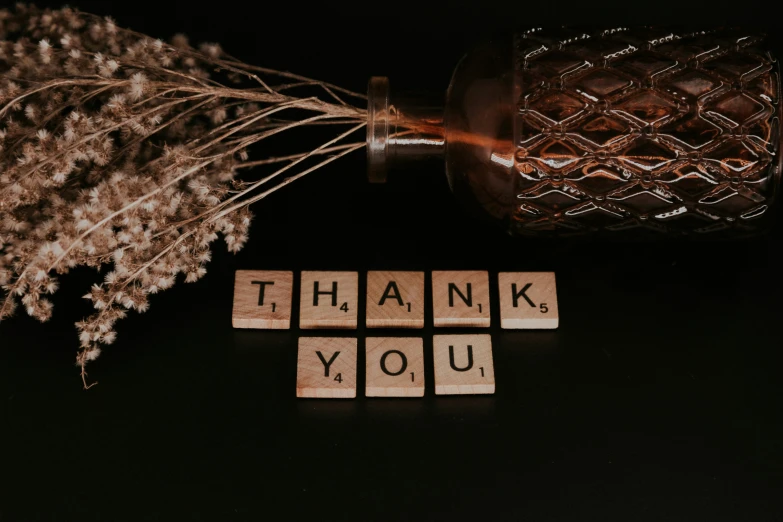 some type of thank you text written on tiles next to dried plant