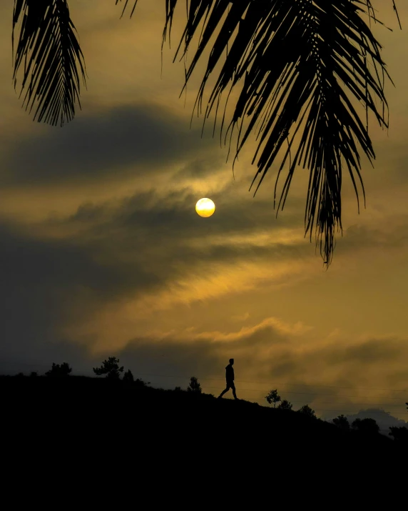 the sun peeking through the clouds behind trees and silhouettes a person walking