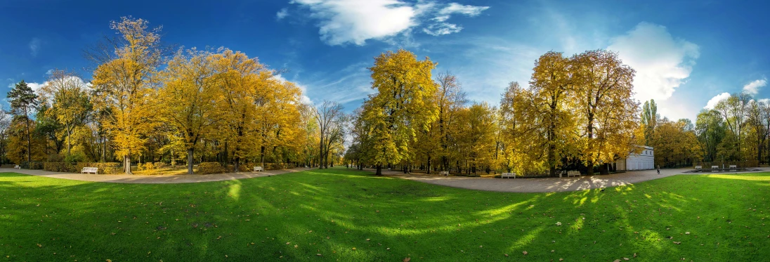 a green grassy field surrounded by trees and clouds