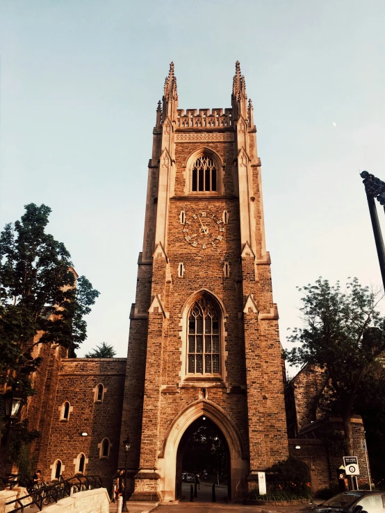 this is a view of the top of a tall church tower