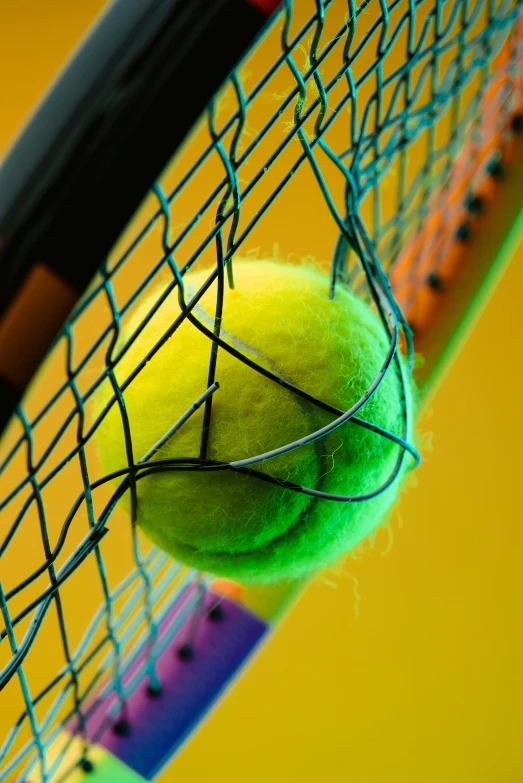 the tennis racket is holding up a large yellow tennis ball