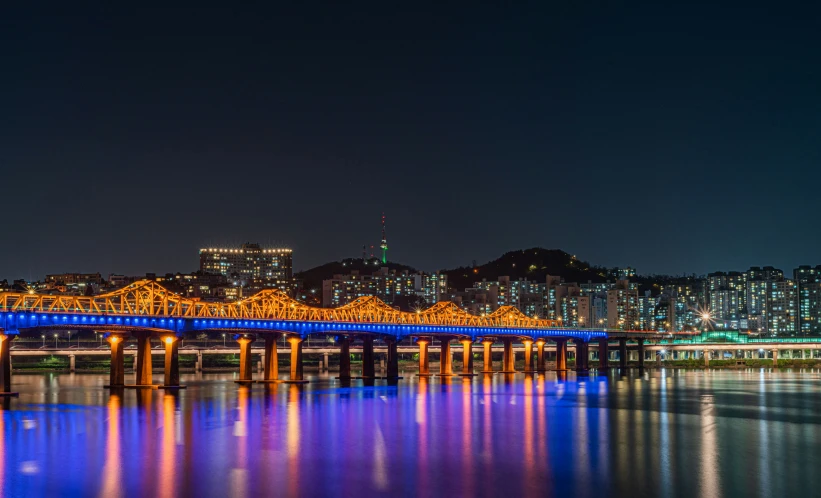 a large long bridge sitting over top of water