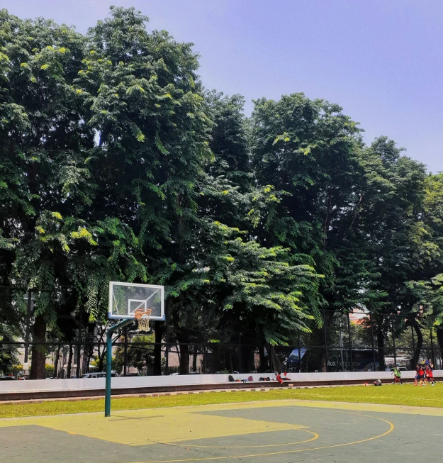 an outdoor basketball court with trees and blue sky