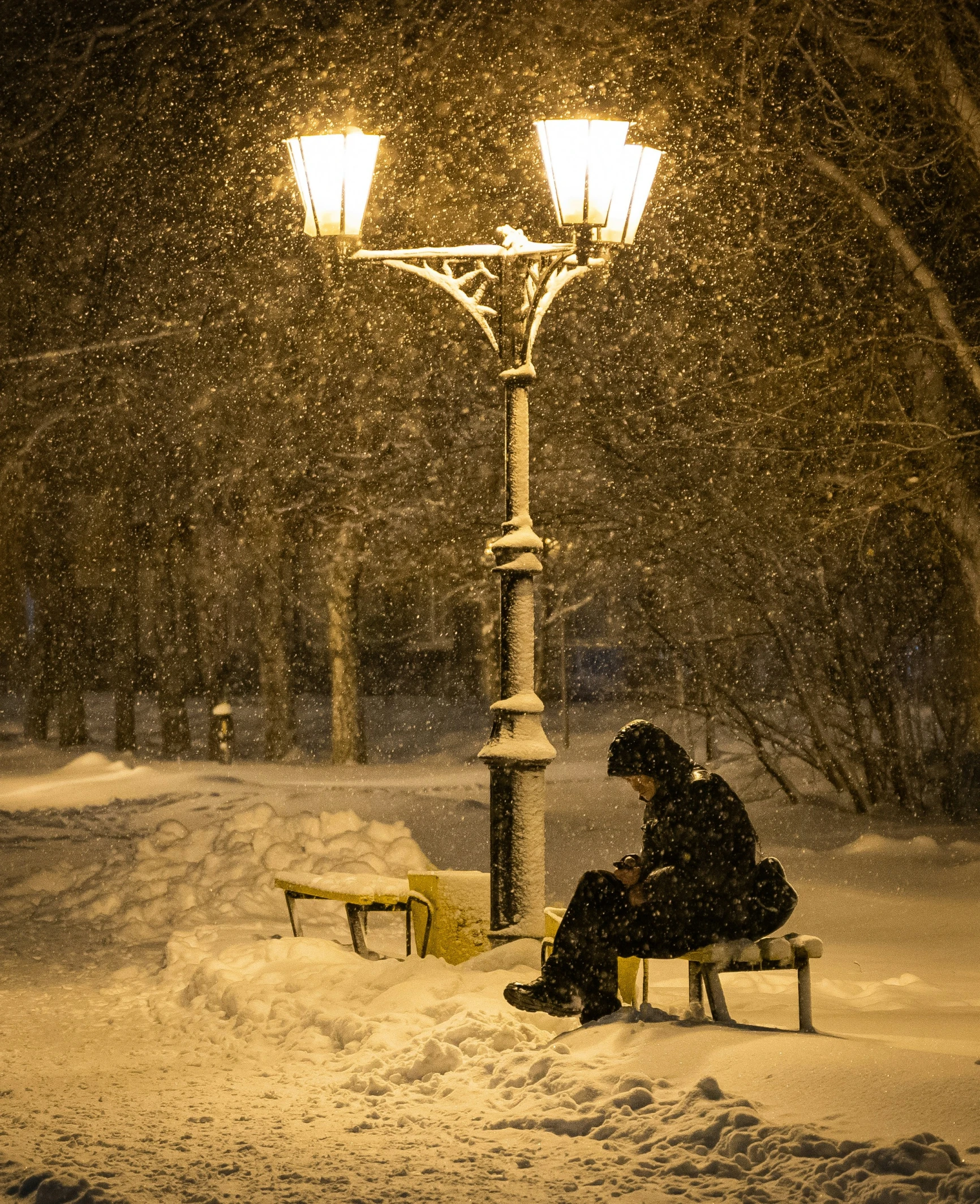 a person sits on a bench under a street lamp