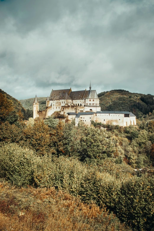 a large building on a mountain with trees