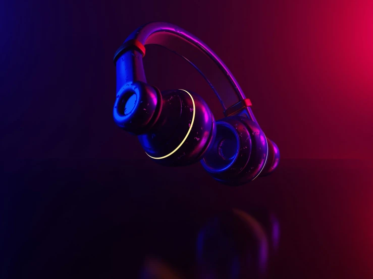 headphones with colorful lights are arranged in the background