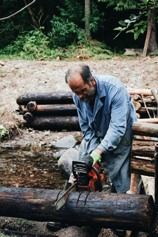 man in grey clothes working on a log with a chainsaw