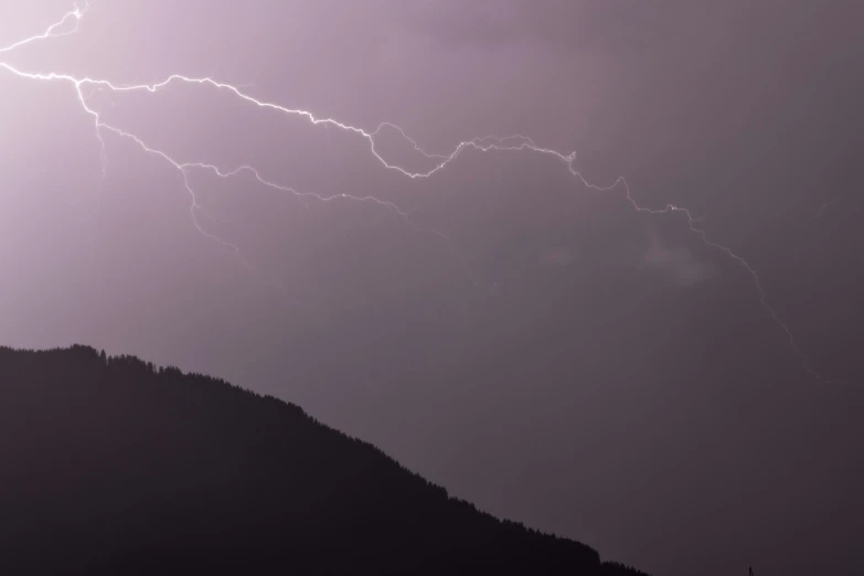 a lightning bolt hitting through the sky above trees