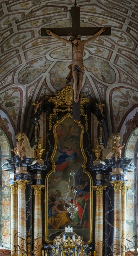 a painting of the crucifix and the altar in a catholic cathedral