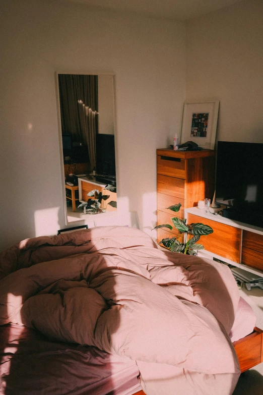 a small bedroom with a bed in front of the television