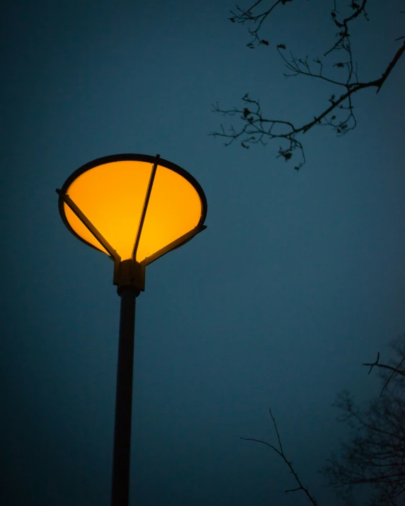 a street light is lit at night, with fog hanging down