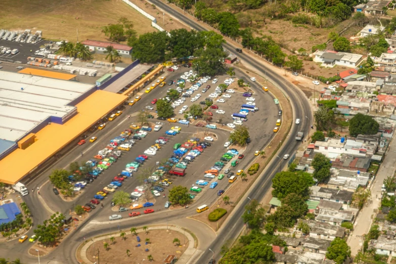 aerial view of the parking lot next to the buildings