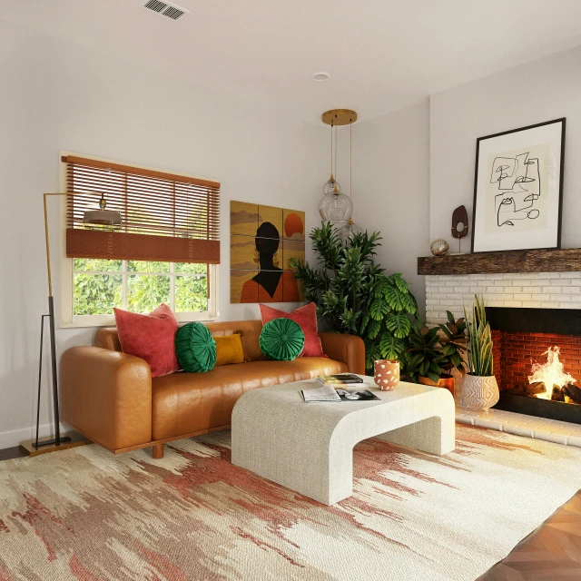 a modern living room with beige leather sofa and colorful throw pillows