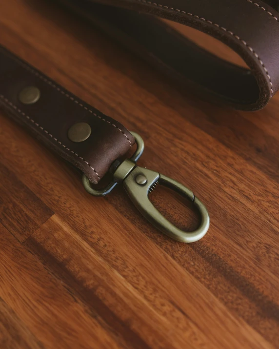 a pair of green handles are on top of a brown leather strap