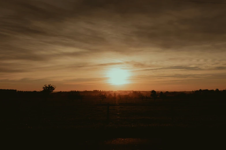 the setting sun rises over a grassy field