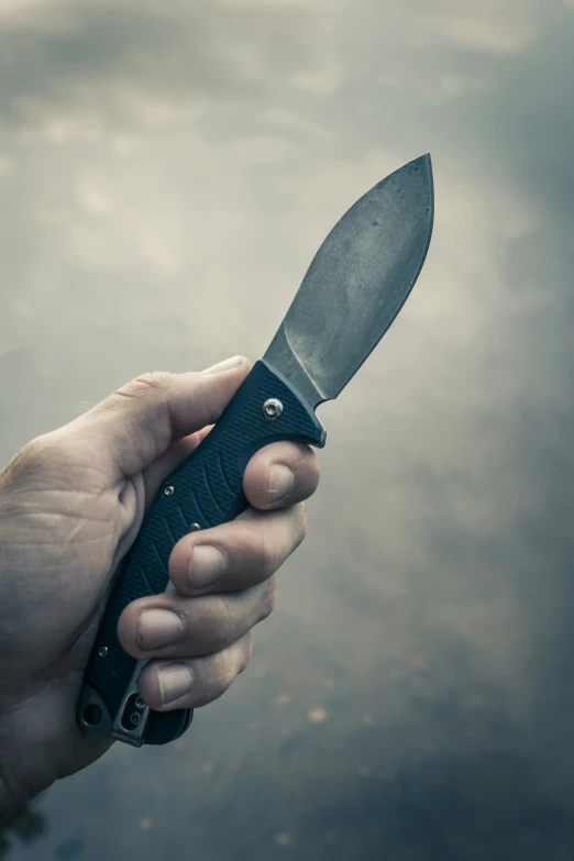 a hand holding a knife, with water and sky in the background