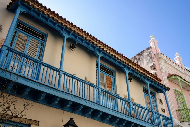 the balcony is decorated in blue and brown