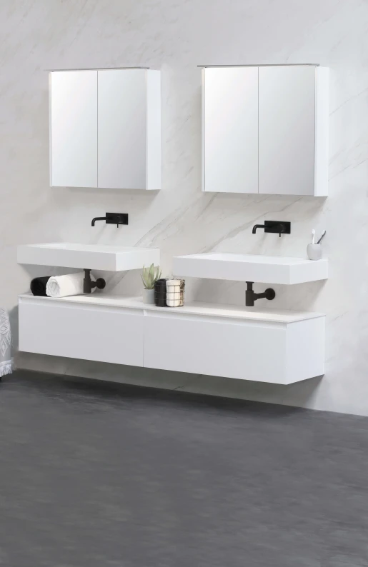 modern style sinks in a white bathroom with marble wallpaper