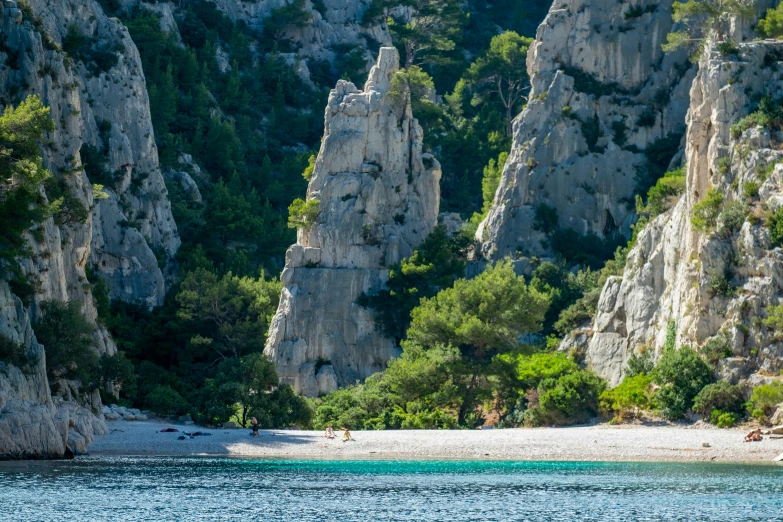 a mountain area with rocks and green trees on the bank