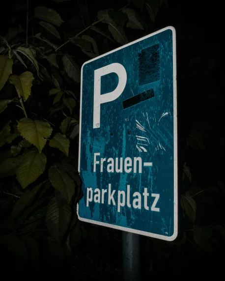 an illuminated parking sign next to a leafy tree