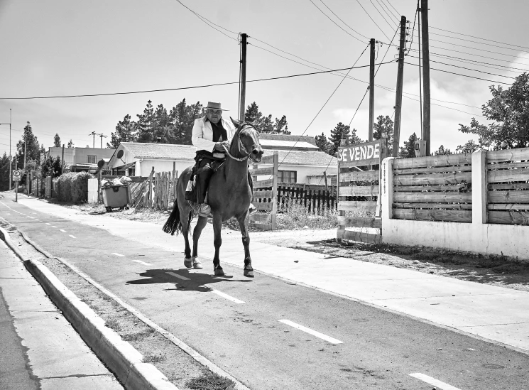 the horse and rider are following each other down the street