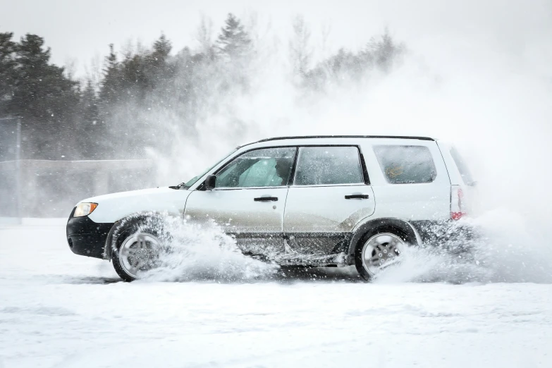 the truck is driving through some snow storm